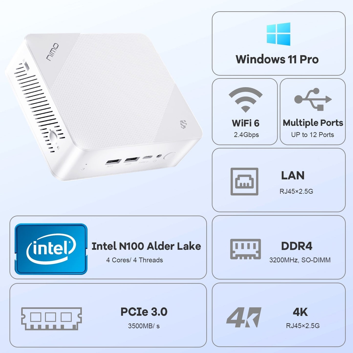 KYYWEE Minipc DNB20 (In Macaron) Intel N100 Processor for Home and School - 16GB - 1TB - White