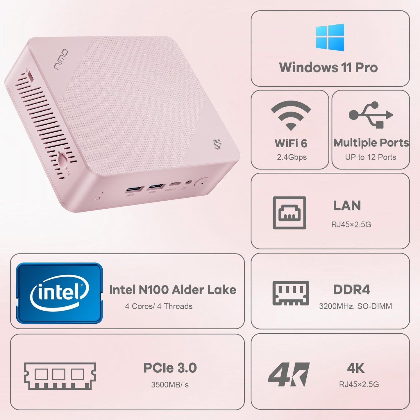 KYYWEE Minipc DNB20 (In Macaron) Intel N100 Processor for Home and School - 16GB - 1TB - Pink