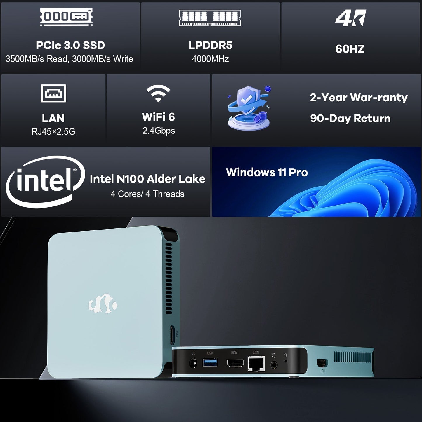 KYYWEE Minipc DNB1 (In Metal) Intel N100 Processor for Home and School 16GB - 512GB - Blue