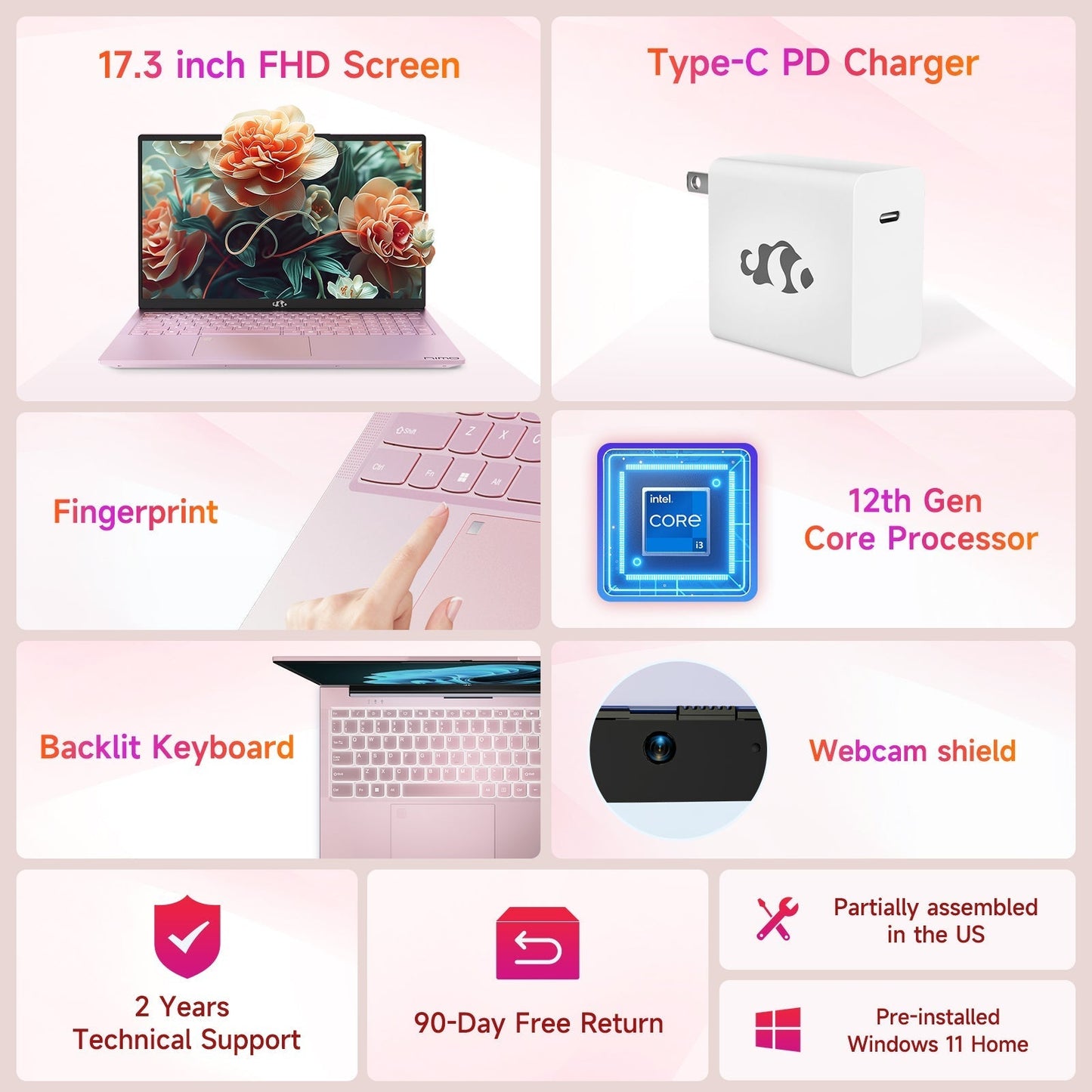 KYYWEE 17.3 FHD N171 I3-1215U Laptop for Student and Business-32GB-Rose Gold-1TB