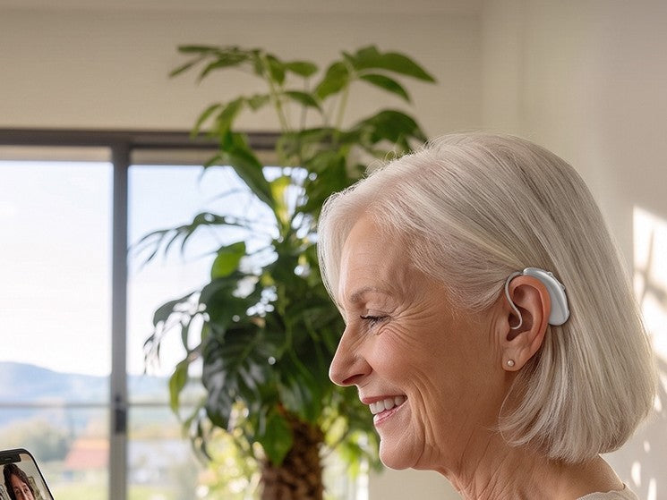 A woman in her sixties on a video call at home, wearing her KYYWEE hearing aids