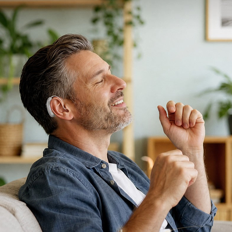 A man wearing a KYYWEE hearing aid, relaxed at home