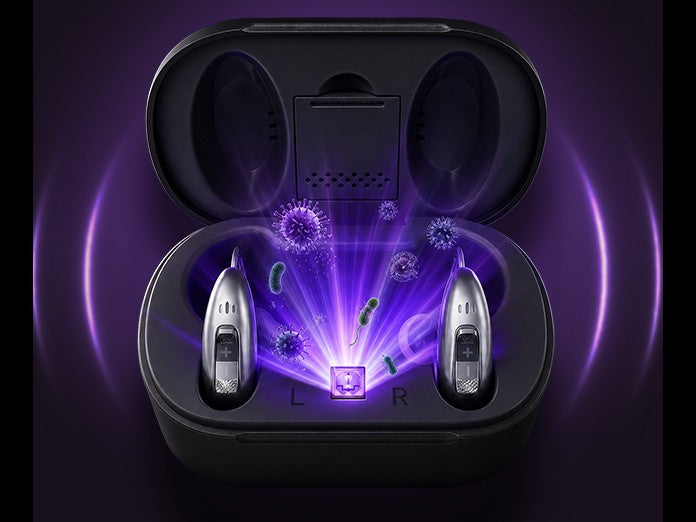 The charging case with its UV sterilisation light active