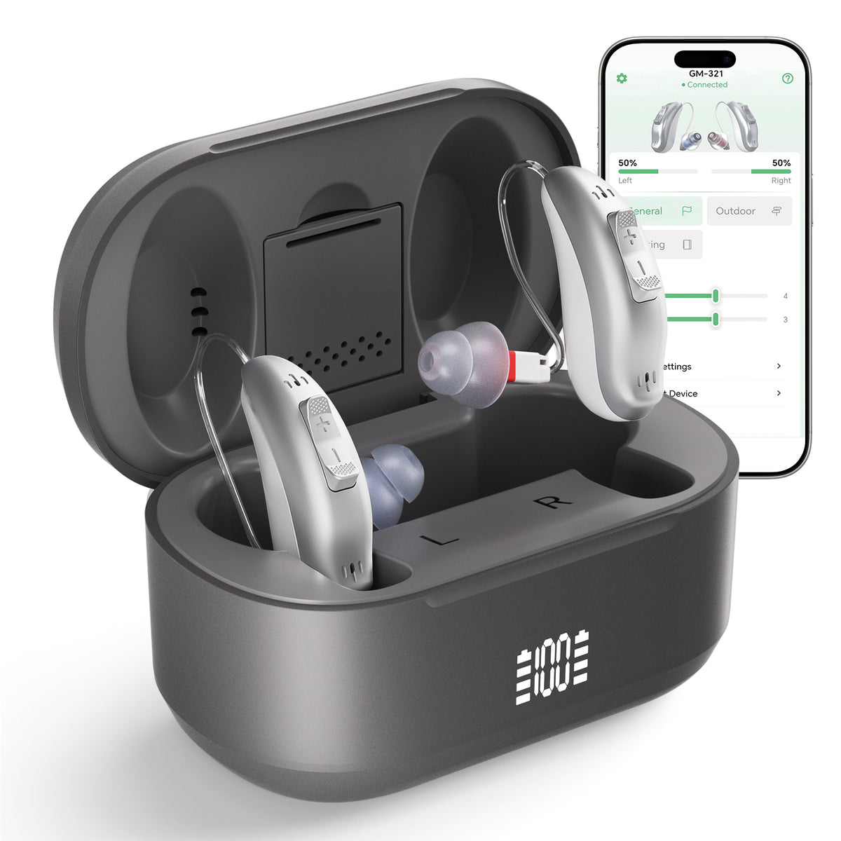KYYWEE GM-321 hearing aids in their charging case